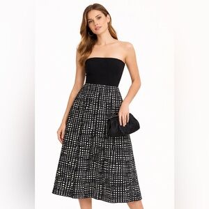 Theory Black and White Strapless A-Line Midi Dress
